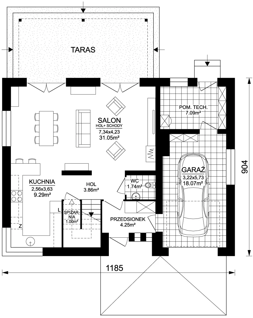 Projekt domu z poddaszem Hiacynt 2 wersja standardowa - rzut parteru