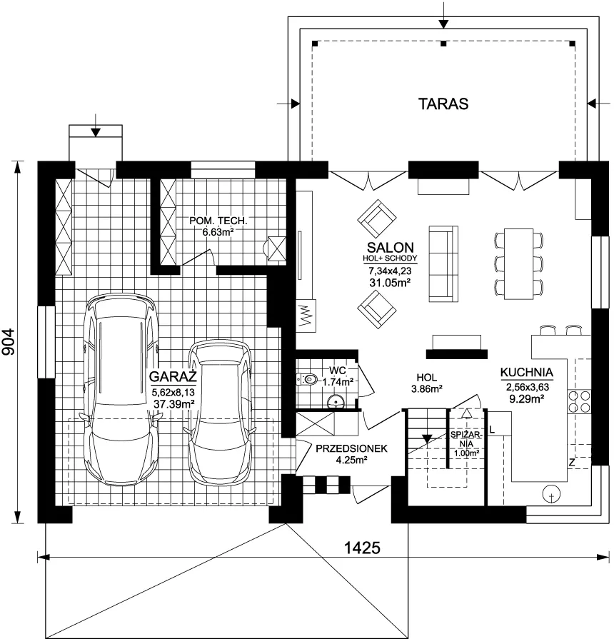 Projekt domu z poddaszem Hiacynt 3-L wersja lustrzana - rzut parteru