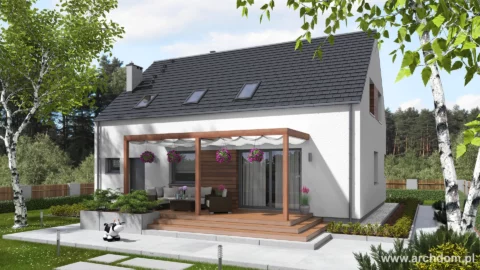 Projekt domu jednorodzinnego parterowego z poddaszem użytkowym CHROBOTEK 1 - wersja standardowa - widok od ogrodu