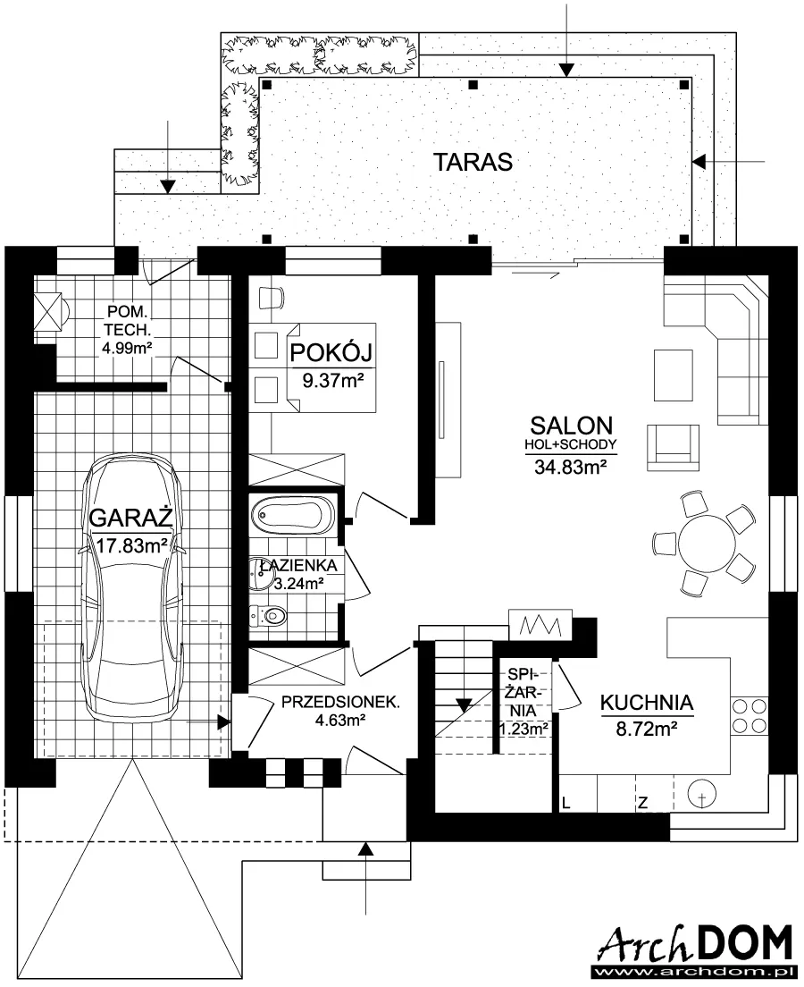 Projekt domu jednorodzinnego parterowego z poddaszem użytkowym CHROBOTEK 1 - odbicie lustrzane - rzut parteru