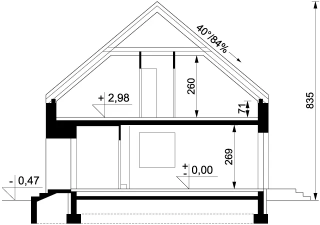 Projekt domu parterowego z poddaszem użytkowym CHROBOTEK 1 - wersja standardowa - przekrój