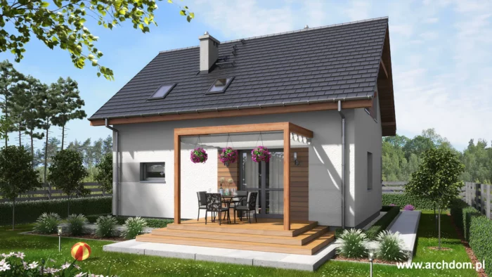 Projekt domu parterowego z poddaszem Fiołek - wersja standardowa - widok od ogrodu