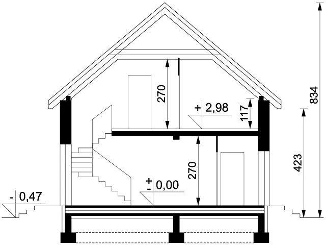 Projekt domu parterowego z poddaszem Fiołek - wersja standardowa - przekrój