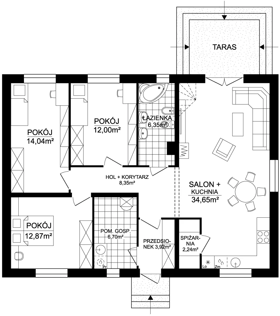 Projekt domu parterowego jednorodzinnego Aster 3 - rzut parteru