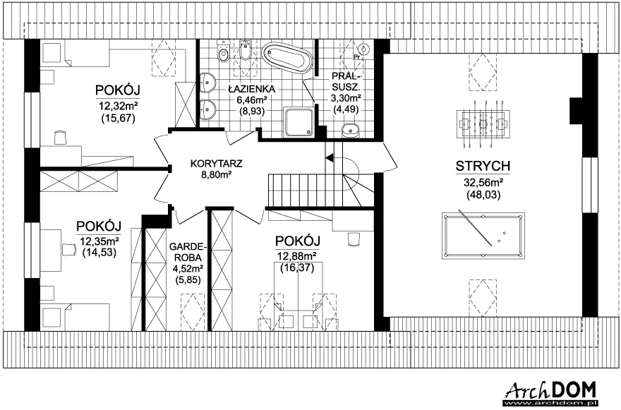 Projekt domu parterowego z poddaszem użytkowym Cynia 3 - ArchDOM- rzut poddasza