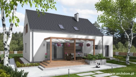 Projekt domu jednorodzinnego parterowego z poddaszem użytkowym CHROBOTEK 2 - odbicie lustrzane - widok od ogrodu