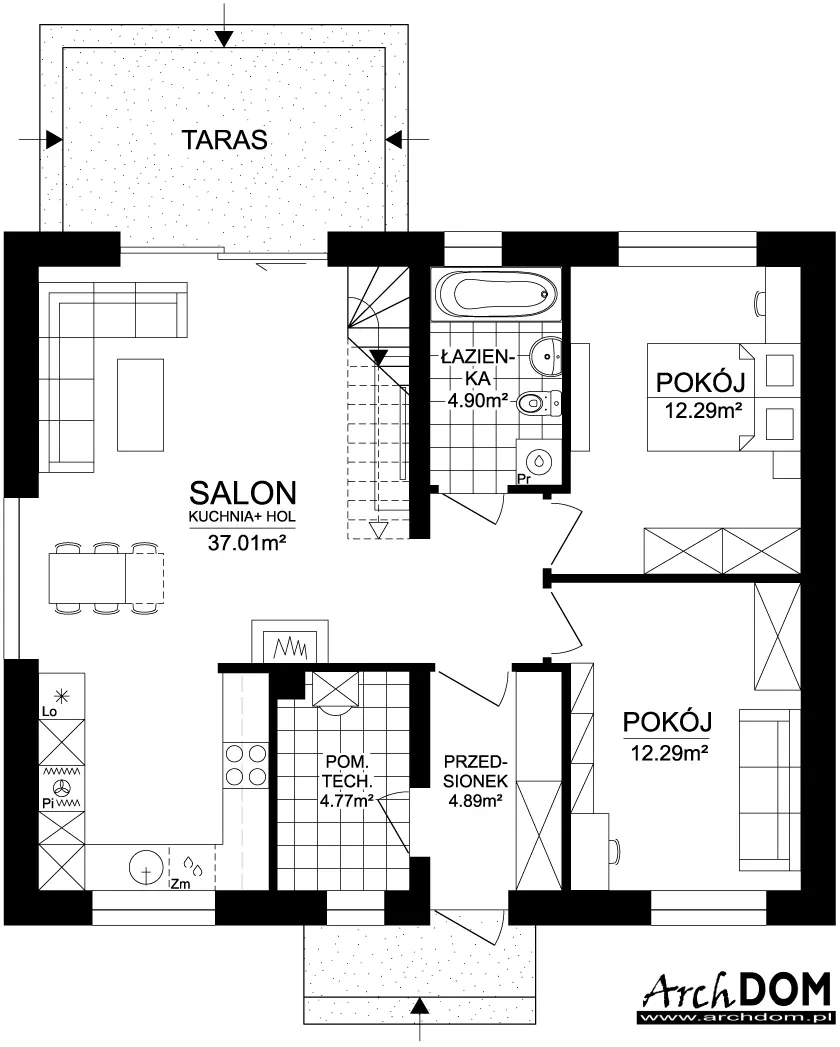 Projekt domu parterowego z poddaszem użytkowym Lubczyk 4 EKO - ArchDOM - rzut parteru